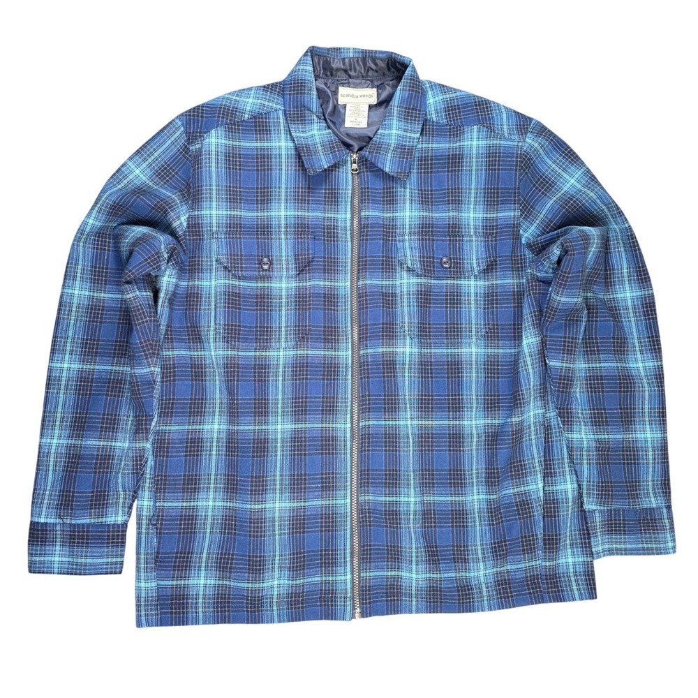 Scandia Woods Full Zip Flannel Shirt Jacket Men's Size L‎ Blue Teal Plaid Lined